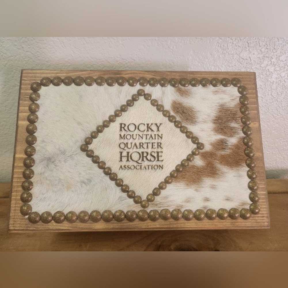 Western cowhide wooden box great for storage, desk organizer, horse decor